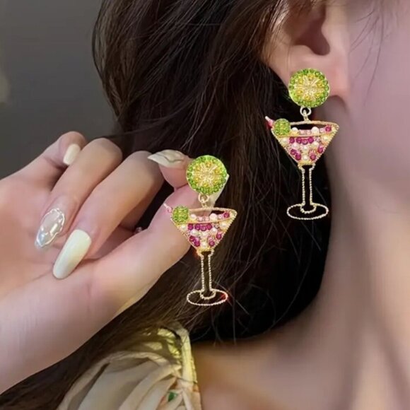 Martini Cocktail Rhinestone Earrings - Greens & Pinks - Gold Plated - NEW - Picture 3 of 3